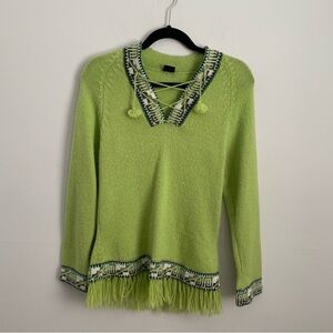 Alpaca Fina Womens XS Green V-neck Fringe Geometric Sweater Natural Peru